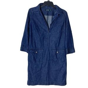 Nwot Lauren Ralph Lauren Chambray Denim Dress 4 Collar Pockets Ensigna Button